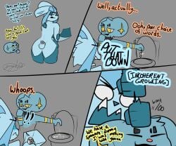 2025 absurd_res angry anthro balls blue_body blue_fur blue_sclera bodily_fluids canid chastity_cage chastity_device chastity_key comic cutaway dialogue digital_media_(artwork) duo eeveelution english_text felid femboy flat_chastity_cage fur gams_(gazaster) gazaster generation_4_pokemon genital_fluids genitals glaceon half-closed_eyes hi_res key_disposal leaking lex_(gazaster) male male/male mammal narrowed_eyes nintendo nude open_mouth permanent_chastity_device pokemon pokemon_(species) precum punch sequence shinx signature simple_background smile smug tail text thick_thighs white_eyes yelling yellow_eyes