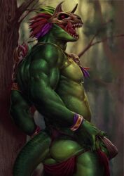 anthro ass balls bara barazoku bulge flaccid lizard male male_only mikae muscles muscular penis scalie skull_mask solo solo_male terraria witch_doctor_(terraria)