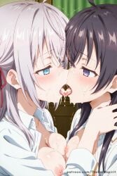 after_fellatio after_oral ai_generated alisa_mikhailovna_kujou cum_on_tongue french_kiss large_breasts naked naked_shirt open_mouth small_breasts suou_yuki tokidoki_bosotto_russian_de_dereru_tonari_no_alya-san yuri