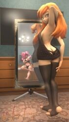 3d 3d_(artwork) desti_(smg4) looking_at_viewer meggy_(smg4) meggy_spletzer mirror mirror_reflection orange_hair smg4 socks source_filmmaker tentacle_hair virgin_killer_sweater wing_fury