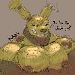 1boy anthro asking_a_question bara bara_tits beetleartz big_chest big_pecs bigbchevalier chest chest_focus five_nights_at_freddy's green_body green_fur humanoid lagomorph lagomorph_humanoid male pecs smirk solo solo_anthro solo_humanoid solo_male springtrap_(fnaf)