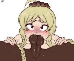 1boy 1girls backsack balls blonde_hair blowjob blush brown_eyes dark-skinned_male dark_skin deepthroat fellatio female female_focus hi_res interracial light-skinned_female light_skin looking_at_viewer male mouthful oral randomboobguy twin_braids white_background