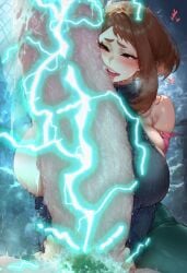 ai_generated bimbo brown_hair clothed_female_nude_male eclr floating_heart glowing_penis huge_breasts hyper_penis izuku_midoriya licking_penis my_hero_academia ochako_uraraka penis_awe tongue_out