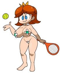 areola_slip ball barefoot blue_eyes breasts brown_hair closed_mouth completely_nude completely_nude_female crown female female female_focus female_only full_body groin hand_up happy holding holding_racket jaggy_lines large_breasts maebari mario_(series) mario_tennis mini_crown navel nintendo nude nude_female parted_bangs pasties princess_daisy racket shiny_skin short_hair simple_background smile solo solo_female standing tennis_ball tennis_racket v-shaped_eyebrows vilepluff white_background wide_hips yellow_headwear