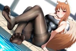 absurdres animal_ears black_pantyhose breasts brown_hair cameltoe cleavage competition_swimsuit crotch_seam dush_1154 feet female fine_fabric_emphasis highres holo looking_at_viewer no_shoes one-piece_swimsuit pantyhose pool school_swimsuit soles spice_and_wolf swimsuit tail thighband_pantyhose thighs water wet wolf_ears wolf_girl wolf_tail