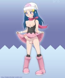 1futa blue_hair blush boots breasts color dawn_(pokemon) erection futa_only futanari hair human intersex penis pokemon precum scarf shadowfenrirart skirt_lift solo sweat testicles