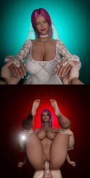 3d anal_sex anonymous_male blue_background clenched_teeth crossed_eyes dark-skinned_female doomfella holding_legs ingrid_(taimanin_asagi) instant_loss interracial lifting_person light-skinned_male red_background simple_background taimanin_(series) wedding_dress