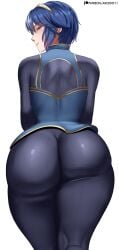 alternate_hair_length arcedo ass ass_focus blue_eyes blue_hair blush bodysuit come_hither female fire_emblem fire_emblem_awakening from_behind hairband huge_ass looking_at_viewer looking_back lucina_(fire_emblem) shiny shiny_clothes shiny_hair short_hair smile solo