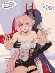 2girls abs against_wall ass breasts clothed clothed_sex clothes clothing duo elysia_(honkai_impact) english_text female fucked_from_behind fucked_into_submission fucked_silly futa_on_female futanari futanari/futanari hair_pull honkai_(series) honkai_impact_3rd horns implied_futanari long_hair naked naked_female name_calling pink_hair pointy_ears purple_hair raiden_mei raiden_mei_(herrscher_of_thunder) sleepykaslana text thigh_sex trembling wall yuri