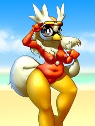 anthro anthrofied avian bag barefoot beach beak bird blue_eyes breasts chubby cloud color day delibird elpatrixf eyelashes eyewear female fur glasses grasp happy hi_res looking_at_viewer navel nintendo nipples nude outdoors pokemon pussy raised_arm red_fur sand sea seaside shadow shiny sky smile solo standing thick thick_thighs video_games water white_fur