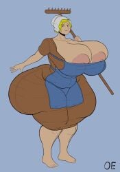 bbw big_breasts black_eyes blonde_female blonde_hair blonde_hair_female blue_background breasts breasts_bigger_than_head color oe_overxposure simple_background