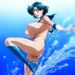 ai_generated ami_mizuno ass bishoujo_senshi_sailor_moon blue_eyes blue_hair boots breasts gloves legs legs_up naked naked_female open_mouth sailor_mercury short_hair water