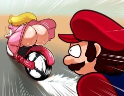 1boy 1girls ass big_ass big_butt bike blonde blonde_female blonde_hair blonde_hair_female brown_hair butt cap crown dress earrings female hat jewelry male mario mario_(series) motorcycle moustache mustache nintendo princess_peach red_cap red_hat schnauzercito