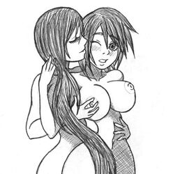 aqua_(kingdom_hearts) breasts crossover disney female female_only final_fantasy final_fantasy_vii from_behind hair human kingdom_hearts large_breasts long_hair monochrome multiple_females nipples square_enix technician67 tifa_lockhart yuri