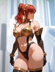 ai_generated hedonistix midriff mitsuru_kirijo mitsuru_kirijo_(sexy_armor) persona persona_3 ponytail red_eyes red_hair solo tagme thick_thighs