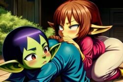 2girls, ai_generated ass ass, ass_grab, ass_sniffing ass_up, ass_worship butt_grab butt_sniffing from_behind_position goblin_female nose_in_ass sniffing_ass turned_on yuri