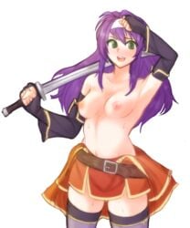 1girls armpits belt blush breasts exposed_breasts female female_only fire_emblem fire_emblem:_path_of_radiance fire_emblem:_radiant_dawn long_hair mia_(fire_emblem) navel nintendo purple_hair sleeves small_breasts solo solo_focus sword thighhighs tridisart