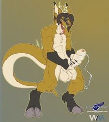 anthro balls big_penis canine dasa demon fangs forked_tongue fur furry hooves horn hybrid long_tongue male_only masturbation penis precum simple_background tongue uncut wolfblade wuffamute