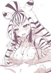 1boy absurdres after_paizuri animal_ears animal_print black_hair blush breasts breasts_squeezed_together captain_(kemono_friends) chapman's_zebra_(kemono_friends) cum cum_on_body cum_on_breasts cum_string ejaculation facial female highres kemono_friends kemono_friends_3 large_breasts long_hair long_sleeves masuyama_ryou multi_ear multicolored_hair open_mouth paizuri shirt smile straight striped_hair two-tone_hair white_hair zebra_ears zebra_girl zebra_print