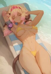 1girls ai_generated animal_ears animal_tail arms_behind_head beach bikini blonde_hair civitai closed_eyes dark-skinned_female female headband indie_virtual_youtuber kokonuts large_breasts laying_on_back monkey_girl monkey_tail pink_hair sleeping slim_waist thick_thighs toned toned_female twintails virtual_youtuber wide_hips