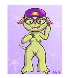 anthro backwards_baseball_cap backwards_hat bandai_namco baseball_cap blush breasts claws clothing digimon digimon_(species) el_senor_erizo elemental_creature eyewear female flora_fauna genitals glasses green_body hat headgear headwear hi_res nipples nude open_mouth palmon plant pussy smile solo tail teeth