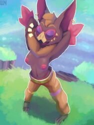 animal_humanoid anthro baggy_pants bat bat_ears bat_humanoid bat_nose bottomwear breasts clothed clothing digital_media_(artwork) ear_piercing ear_ring eyewear feet female fur glasses grass hi_res humanoid lennoxicon mammal mammal_humanoid membrane_(anatomy) membranous_wings neck_floof neck_tuft nipples pants partial_nudity partially_clothed piercing plant ring_piercing smile solo sunglasses topless tuft windblown_(game) wings