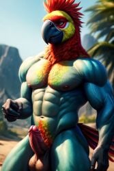 ai_generated balls ballsack beak erect_penis feathers multicolored_body muscles muscular muscular_male naked naked_male nude nude_male solo solo_male tail