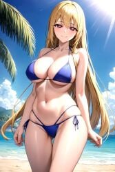 ai_generated ass_visible_through_thighs bare_arms bare_shoulders beach bikini blonde_hair blue_bikini blue_sky blush breasts cleavage closed_mouth cloud collarbone cowboy_shot day female halterneck highleg ikusa_otome_valkyrie large_breasts leia_(ikusa_otome_valkyrie) long_hair looking_at_viewer navel ocean outdoors palm_tree pixiv red_eyes rena_aikawa_(pixiv_user) side-tie_bikini_bottom skindentation sky smile solo stable_diffusion standing stomach string_bikini sunlight swimsuit tagme thigh_gap thighs tree very_long_hair water