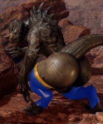 3d_(artwork) anthro ass backsack balls big_balls big_butt brand clothing deathclaw digital_media_(artwork) enclaw_(willie_piv) fallout genitals hi_res horn legwear male microsoft outside scalie solo tail thigh_highs willie_piv yellow_eyes