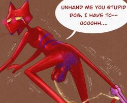 anthro anus ass balls barely_visible_anus blush bodily_fluids body_hair butt_hair cartoon_network courage_the_cowardly_dog courage_the_cowardly_dog_(character) crying duo felid flaccid genital_fluids genitals hi_res holding_tail illegaleel katz_(courage_the_cowardly_dog) looking_back male male/male mammal omorashi pee_desperation peeing penis perineum restrained saggy_balls shaking sweat sweaty_butt tail tears urine urine_stream wetting