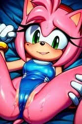 ai_generated amy_rose breathtaker female female_only furry furry_female green_eyes leg_grab legs_up lying_on_back short_hair sonic_(series) sonic_the_hedgehog_(series) spread_legs swimsuit wet_pussy