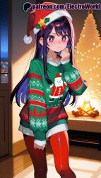 1girls 2025 ai ai_assisted ai_generated anime anime_girl anime_style artist_name blush bobblehat christmas christmas_lights christmas_ornaments christmas_tree city_lights clothes_writing collarbone electroworld english_text female fireplace fur-trimmed_headwear hat hi_res high_quality high_resolution highres hoshino_ai indoors leaning_forward long_hair long_sleeves looking_at_viewer merry_christmas multicolored_hair night night_sky oshi_no_ko pantyhose patreon patreon_username purple_eyes red_headwear red_legwear santa_costume santa_hat sky sleeves_past_wrists solo stable_diffusion star_(sky) star_(symbol) starry_sky sweater watermark window