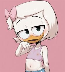 ai_generated anthro bedroom_eyes blush disney duck ducktales ducktales_(2017) furry furry_female furry_only nipples nipples_visible_through_clothing ribbon short_hair solo webby_vanderquack wet_clothes wet_shirt