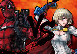 1boy 1girls blonde_hair blue_eyes bodysuit breasts cleavage cleavage_cutout dc deadpool female imminent_rape large_breasts male marvel power_girl sonparesu thumbs_up