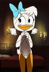 ai_generated anthro blush disney duck ducktales ducktales_(2017) furry inminent_sex june_duck nude pussy ribbon solo twintails