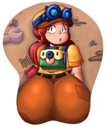 1girls ass big_ass brawl_stars clothing female huge_ass huge_butt jessie_(brawl_stars) looking_at_viewer looking_back mousepad patatero69 patateroart red_hair supercell surprised watermark