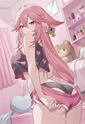 1girls ai_generated anthro ass blush breasts crop_top dat_ass female fox fox_ears fox_girl genshin_impact heart_symbol looking_at_viewer milf panties pink_hair purple_eyes selfie shorts shorts_down sidillusts smile solo yae_miko