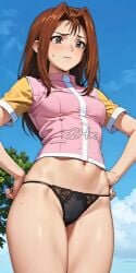 ai_generated background black_lace black_lace_panties black_panties blue_sky blush brown_hair clouds fair_skin grey_eyes hands_on_hips kawai_shizuka long_hair lower_back navel panties pantsless pink_vest serenity_wheeler slender slender_body stomach sweatdrop tree watermark x24x yellow_shirt yu-gi-oh! yu-gi-oh!_duel_monsters