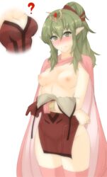 1girls areolae blush breasts cape cleavage exposed_breasts female female_only fire_emblem fire_emblem_awakening green_eyes green_hair mamkute manakete medium_breasts nintendo nipples ponytail question_mark solo solo_focus thighhighs tiki_(adult)_(fire_emblem) tiki_(fire_emblem) tridisart