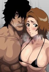 1boy 1girls ai_generated big_breasts bikini black_hair bleach bleach:_the_thousand-year_blood_war breasts brown_eyes brown_hair dark-skinned_male dark_skin female huge_breasts interracial kurosaki_masaki large_breasts male masaki_kurosaki mexican mexican_male milf netorare yasutora_sado