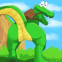 absurd_res anthro anus ass backpack backpack_only bag big_butt blujie claws croc_(croc) croc_(series) crocodile crocodilian grass hi_res looking_at_viewer looking_back male outside plant presenting presenting_hindquarters rear_view reptile scalie solo solo_focus standing teeth