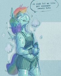 anthro anthrofied dialogue horse_tail my_little_pony punkitt rainbow_dash_(mlp) rainbow_hair sports_bra sweat sweaty tagme text water_bottle wolfgirl9million