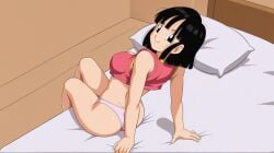 aged_up ai_generated dragon_ball dragon_ball_gt female leaning_back looking_at_viewer pan_(dragon_ball) panties sitting_on_bed solo ssaiy4man white_panties