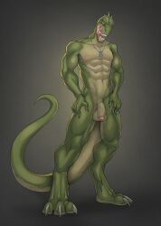 3_toes 5_fingers abs anthro balls biceps bodily_fluids broad_shoulders calf_muscles claws deltoids dewclaw digitigrade dinosaur dog_tags dog_tags_only facial_markings feet finger_claws fingers flaccid forearm_muscles genitals green_body green_eyes green_scales grey_background grey_claws hands_on_hips head_markings head_spikes hi_res humanoid_genitalia humanoid_penis licking licking_lips long_tail looking_at_viewer male markings muscular muscular_anthro muscular_male naughty_face navel nipples nude open_mouth orange_markings paws pecs penis pink_nipples pose prehistoric_species presenting pupils quads redgreendied reptile rocco_(tallion) saliva scales scalie shaded sharp_teeth simple_background slit_pupils snout snout_markings solo spikes spikes_(anatomy) standing suggestive sunburst_background tail teeth theropod thick_neck thick_tail toe_claws toes tongue tongue_out tyrannosaurid tyrannosauroid tyrannosaurus tyrannosaurus_rex vein veiny_penis