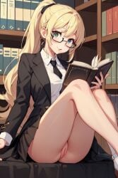 1girls ai_generated black_skirt blonde_hair cute glasses green_eyes librarian library no_panties one_sock_on ponytail pussy reading_book smile