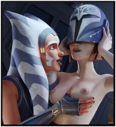 2girls 3d ahsoka_tano alien bo-katan_kryze breasts clothed female female_only groping_breasts helmet interspecies mandalorian mandalorian_helmet snafusevsix star_wars togruta yuri