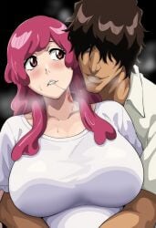 1boy 1girls after_kiss ai_generated big_breasts bleach bleach:_the_thousand-year_blood_war breasts brown_hair dark-skinned_male dark_skin female hickey hickey_marks huge_breasts interracial large_breasts light_skin light_skinned_female male meninas_mcallon pink_eyes pink_hair saliva saliva_string saliva_trail straight unusual_pupils yasutora_sado