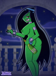 1girls ass big_breasts black_hair breasts champagne danny_phantom desiree female ghost green_skin jewelry lipstick lizardsharkragon nipples nude red_eyes smile smiling solo