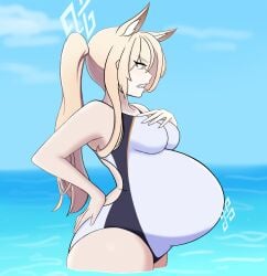 1girls animal_ears annoyed arched_back big_belly big_breasts big_butt bloated_belly blonde_hair blue_archive blue_eyes clenched_teeth clothed clothing dog_ears dog_girl fat_ass female female_focus female_only halo heavily_pregnant hyper_belly hyper_pregnancy kanna_(blue_archive) kanna_(swimsuit)_(blue_archive) long_hair one-piece_swimsuit pregnancy_halo pregnant sharp_teeth solo swimsuit wickedatlas