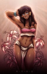 1girls abs avatar_legends black_hair blue_eyes bracelet buff chel chel_(cosplay) clothing cosplay curvy dark-skinned_female dark_skin dreamworks female female_only human k-y-h-u korra medium_breasts muscle one_arm_up pelvic_curtain smile solo the_avatar the_legend_of_korra the_road_to_el_dorado water_tribe wide_hips